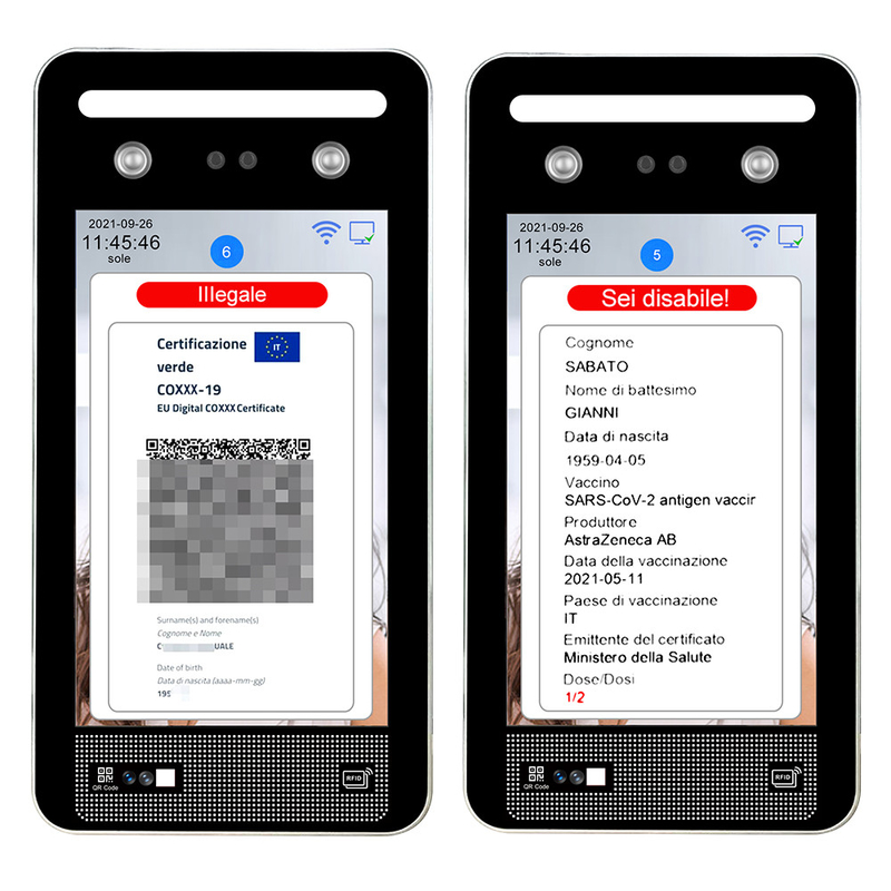 Grün-Durchlauf-QR Code-Leser Facial Recognition Thermometer EU C19 Verifica